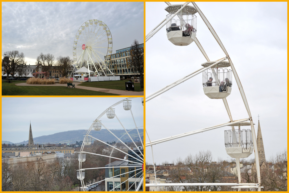 Collage of Observation Wheel and views over Cheltenham.